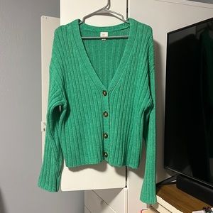 Lime green boho, shaggy, knit cardigan/sweater